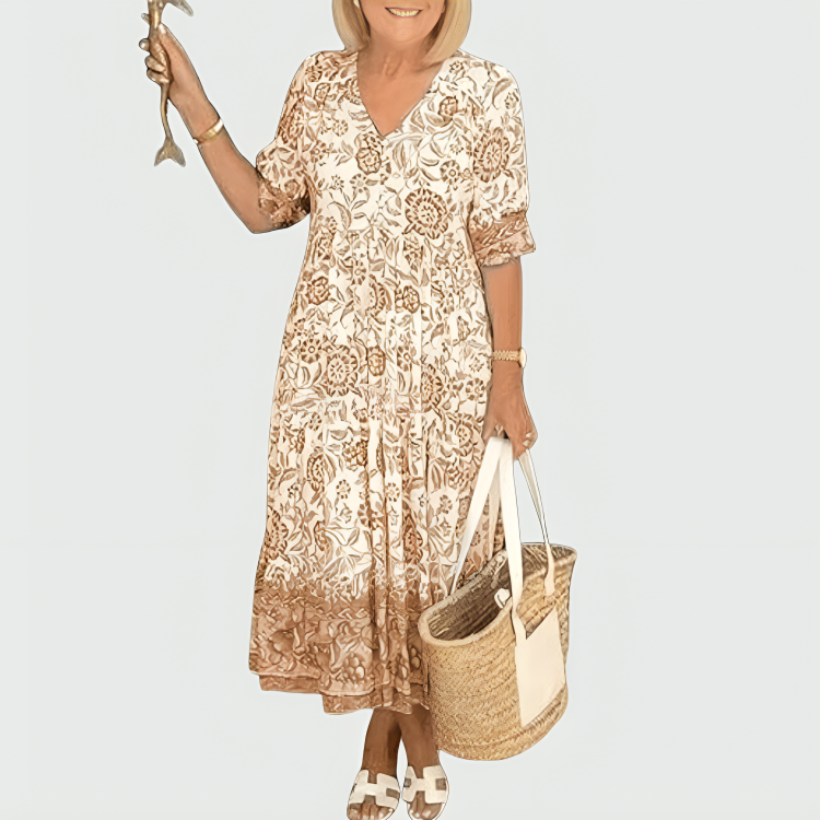 Constance | Vestido midi con estampado floral en el borde y dobladillo en capas