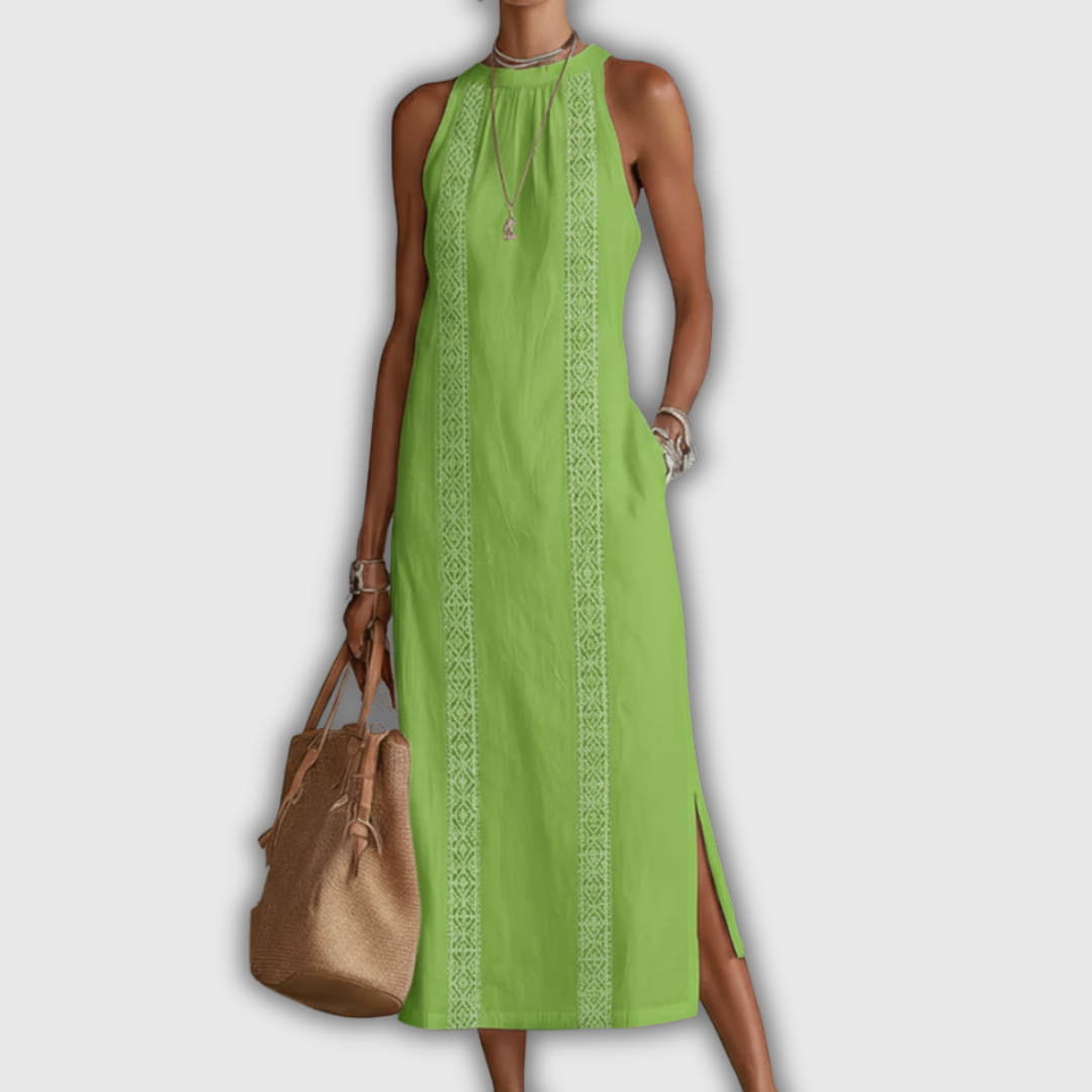Jimena | Vestido midi de algodón y lino con cuello mandarín