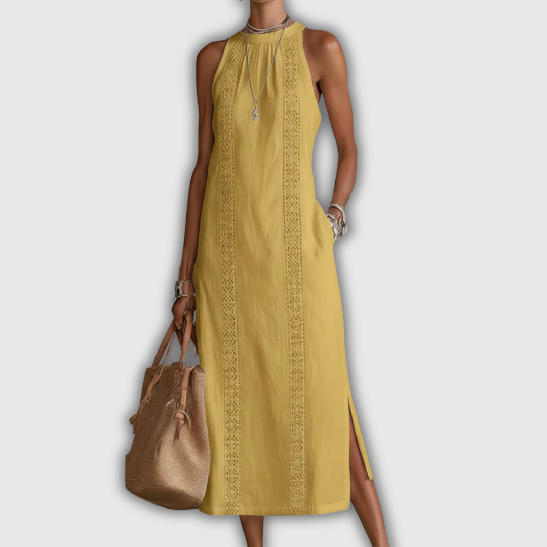 Jimena | Vestido midi de algodón y lino con cuello mandarín