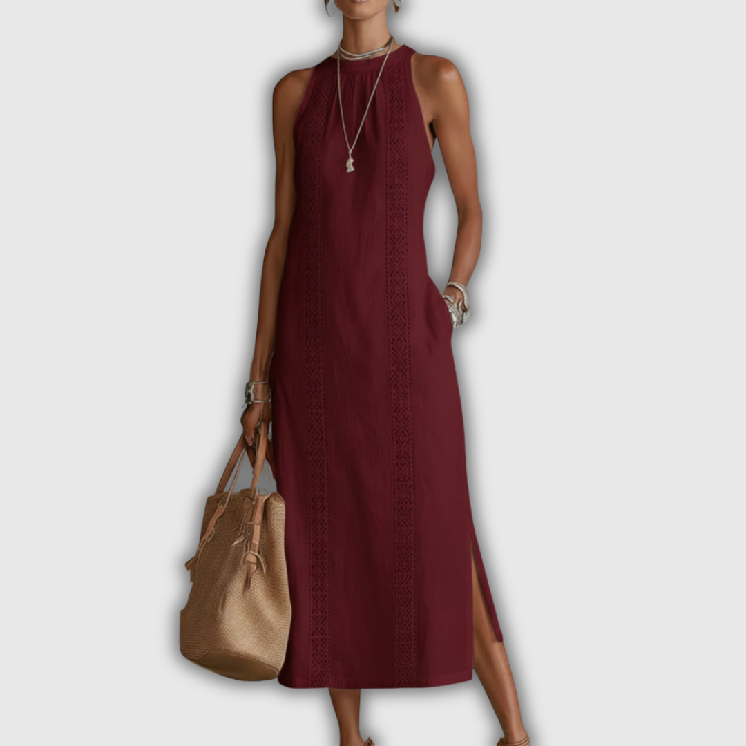 Jimena | Vestido midi de algodón y lino con cuello mandarín