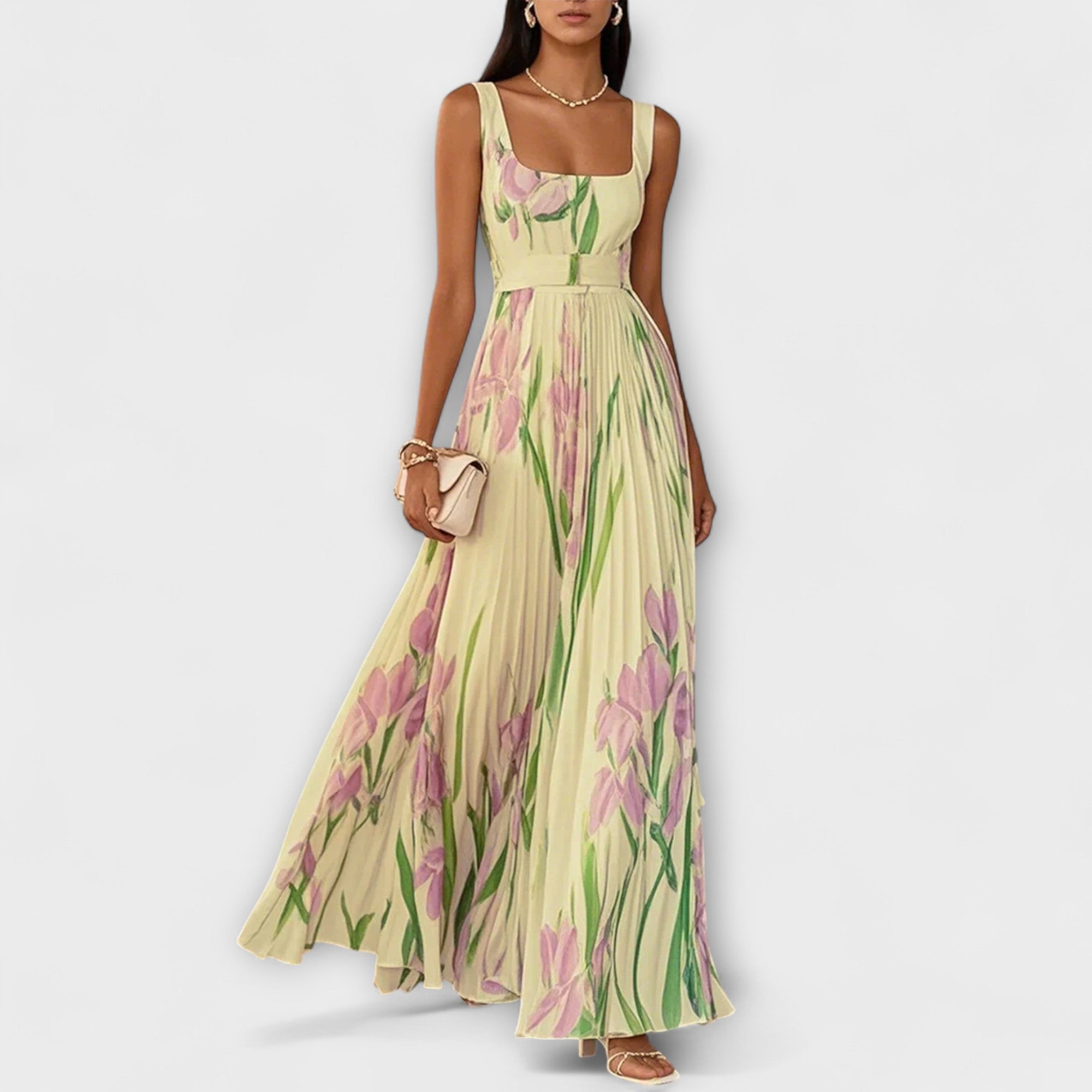 Rosalind | Vestido maxi plisado de chifón con estampado floral y cinturón en la cintura