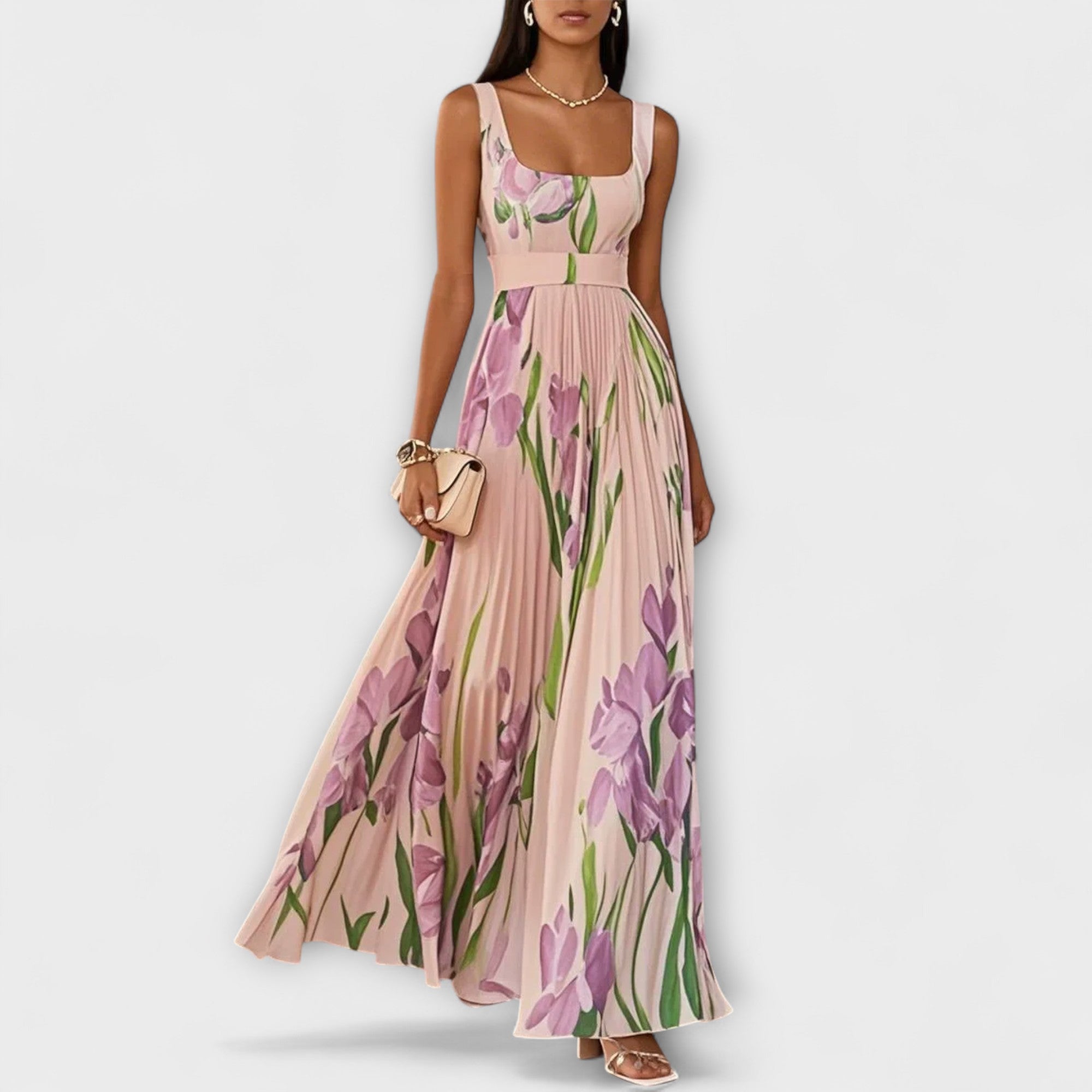 Rosalind | Vestido maxi plisado de chifón con estampado floral y cinturón en la cintura