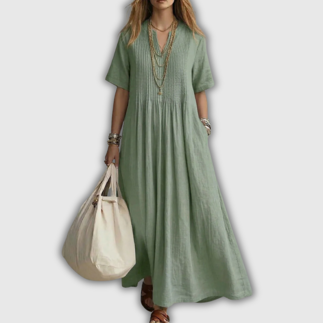 Elowen | Vestido maxi de lino con pliegues pintuck y escote en V