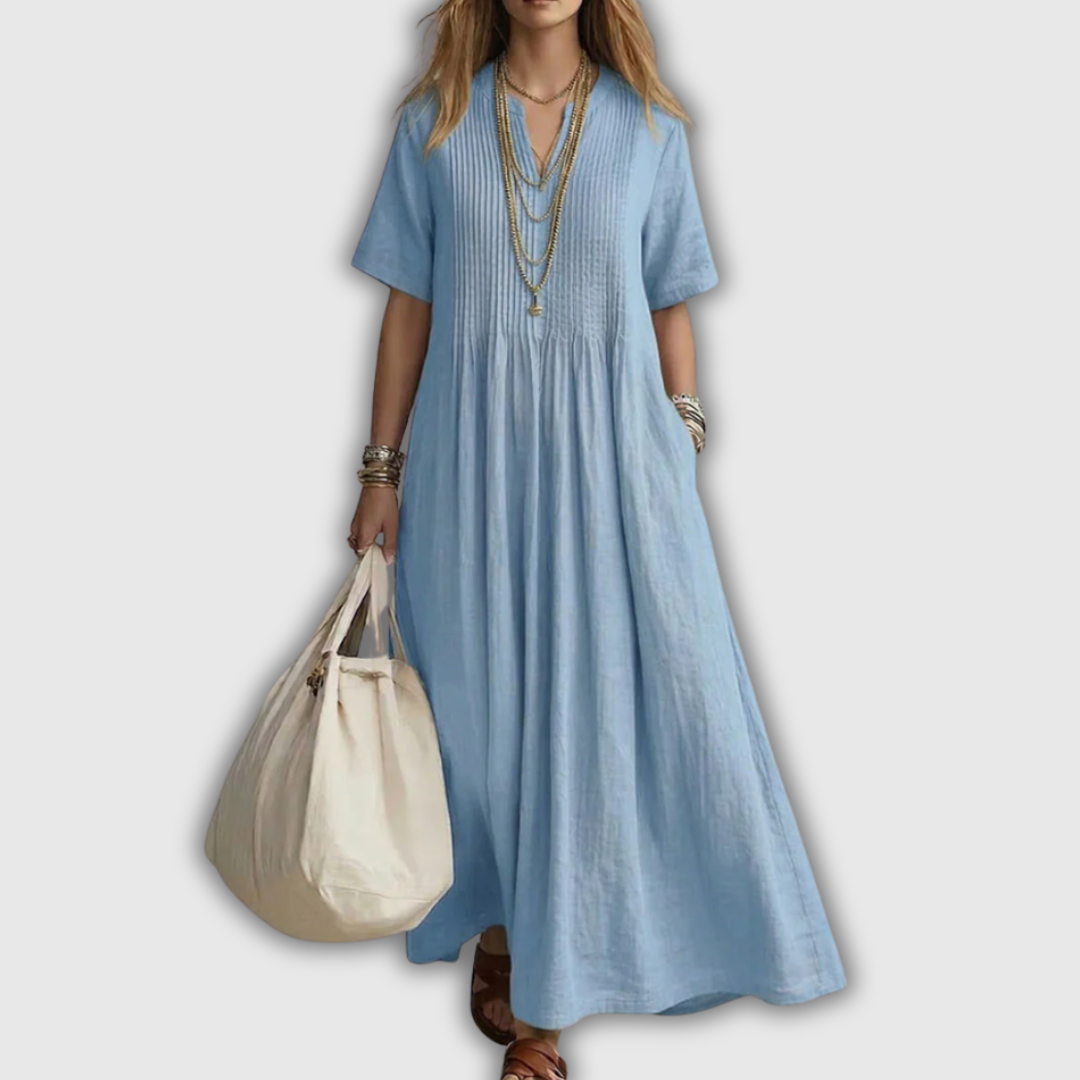 Elowen | Vestido maxi de lino con pliegues pintuck y escote en V