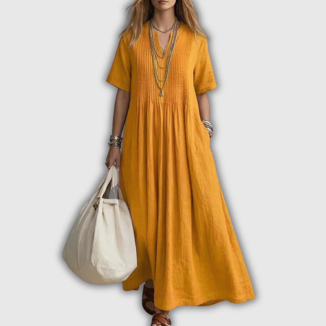 Elowen | Vestido maxi de lino con pliegues pintuck y escote en V