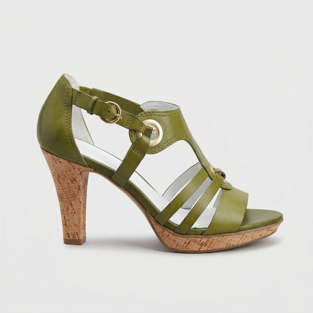 Carla™ | Tacones ortopédicos de cuero con tiras y tacón de corcho