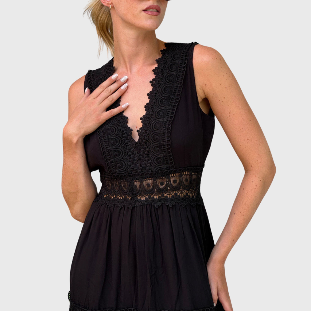 Ninfea | Vestido midi sin mangas de estilo bohemio con detalles de encaje