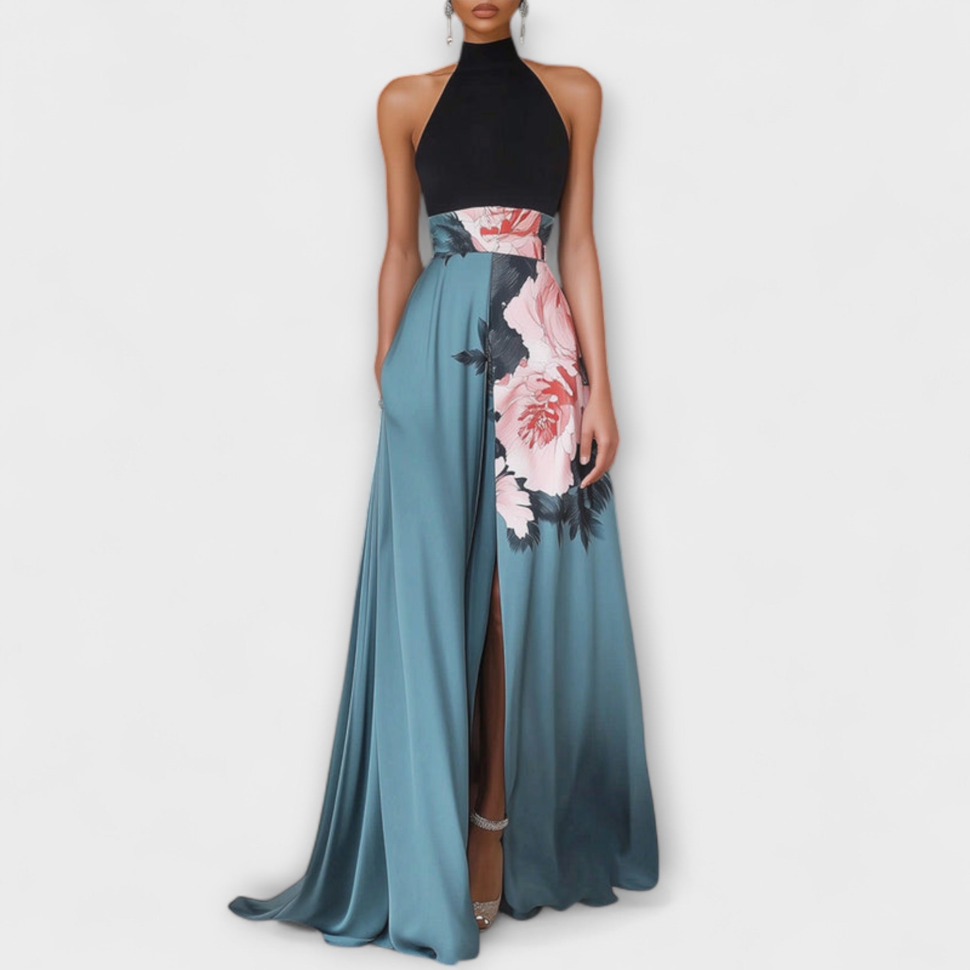 Natalie - Vestido maxi floral de corte A sin mangas con cuello redondo