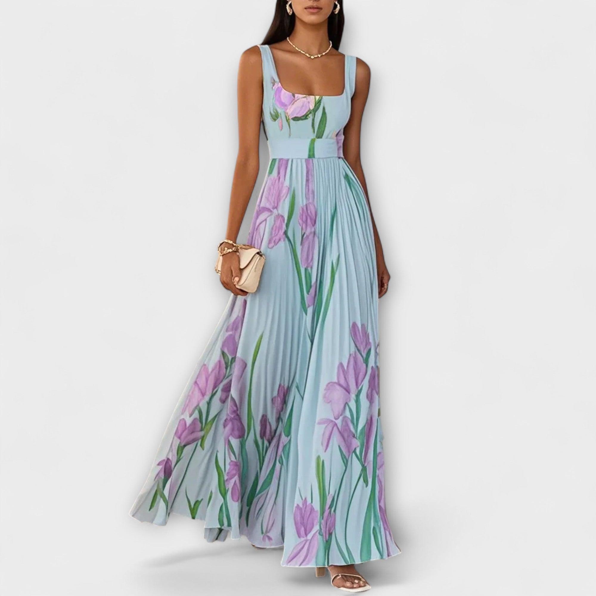 Rosalind | Vestido maxi plisado de chifón con estampado floral y cinturón en la cintura