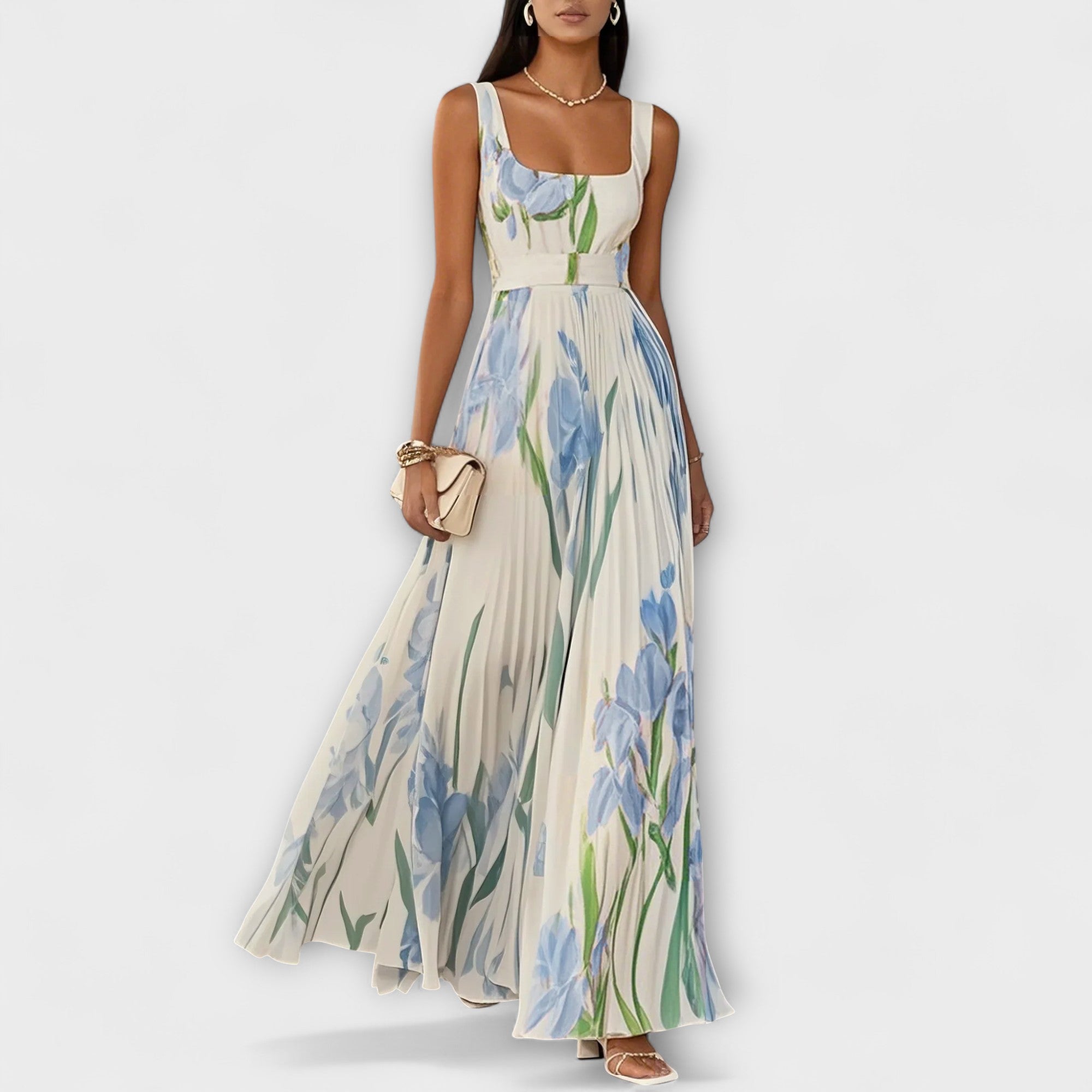 Rosalind | Vestido maxi plisado de chifón con estampado floral y cinturón en la cintura