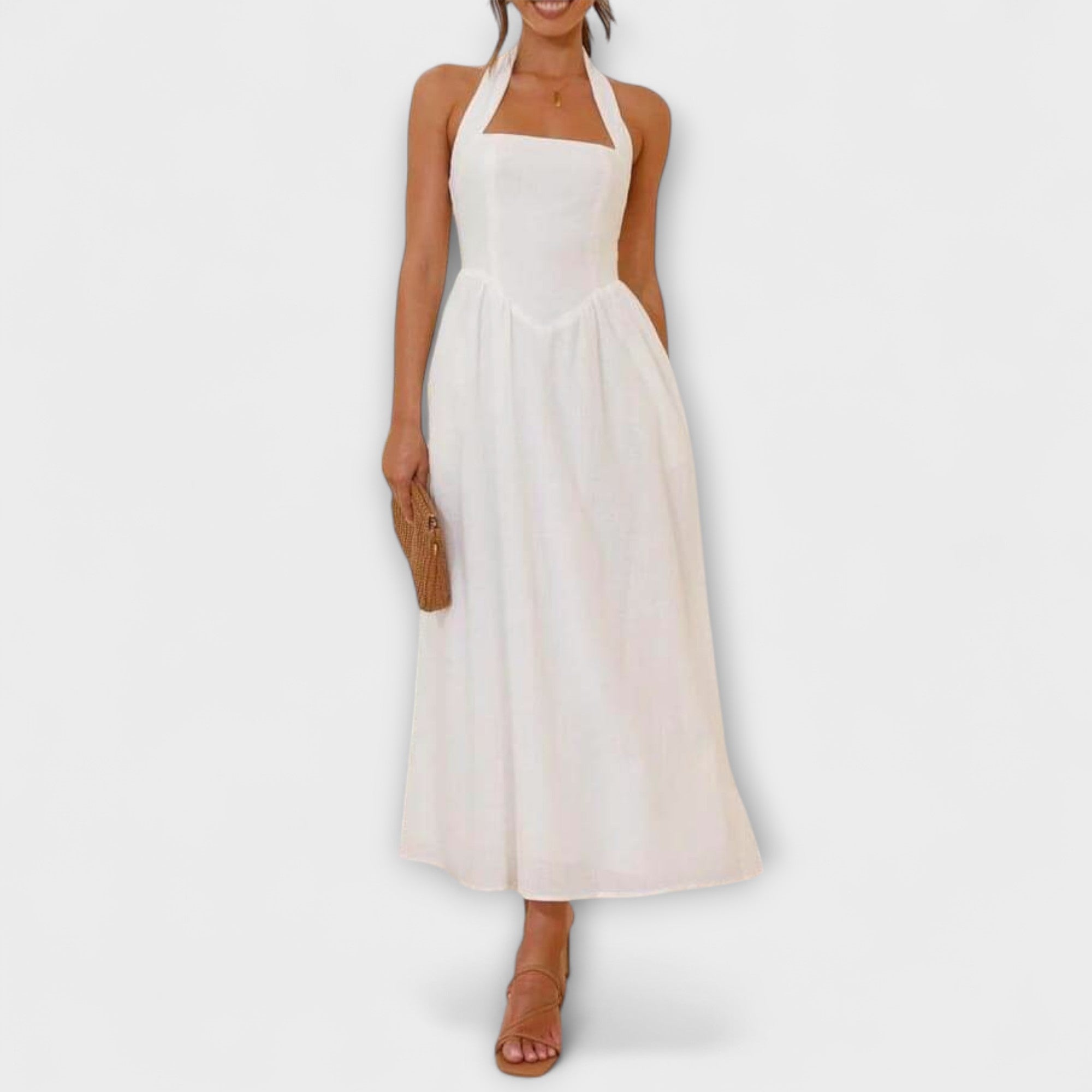 Lydia - Vestido negro midi con cuello halter y detalle en la cintura